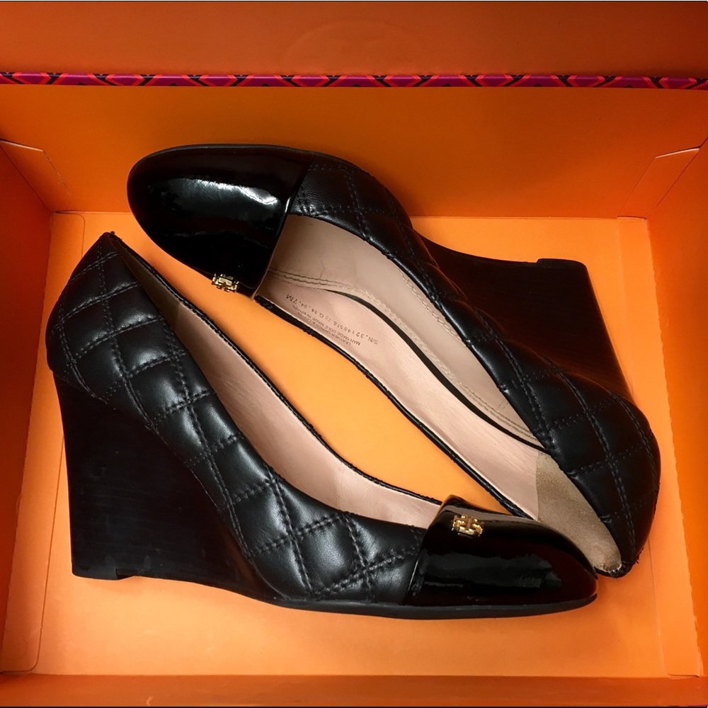 Tory Burch Quilted Black Leather / Patent Wedge